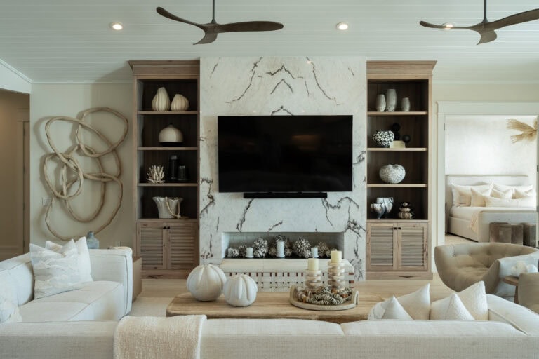 Elegant sandstone fireplace with sleek design and natural stone finish.